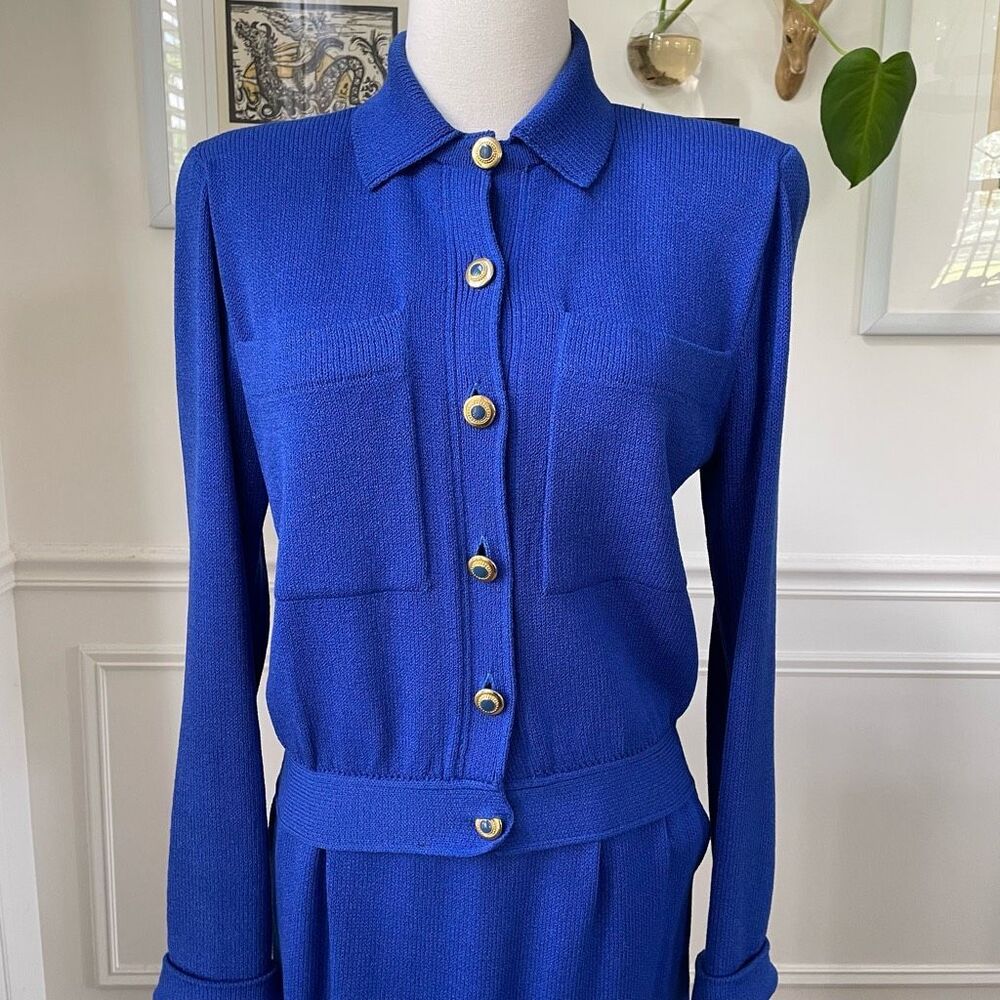 Vintage St John 3pc Skirt Suit Santana Knit Cobalt Blue Silk Scarf M 10 - Picture 2 of 10